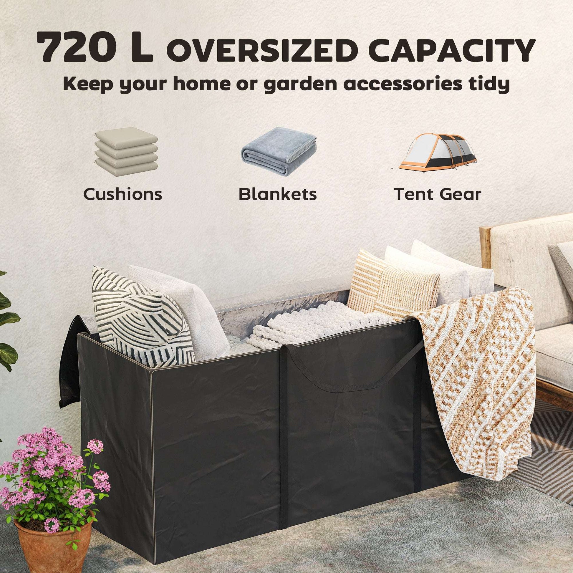 720L Garden Cushion Storage Bag | 600D Oxford PU Coated | 2000mm Waterproof & UPF30+ | Two-Way Zip with Flaps | 2 Handles | Folds Flat | 100kg Max Load | 175x55x75cm | Black