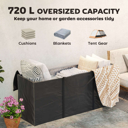 720L Garden Cushion Storage Bag | 600D Oxford PU Coated | 2000mm Waterproof & UPF30+ | Two-Way Zip with Flaps | 2 Handles | Folds Flat | 100kg Max Load | 175x55x75cm | Black