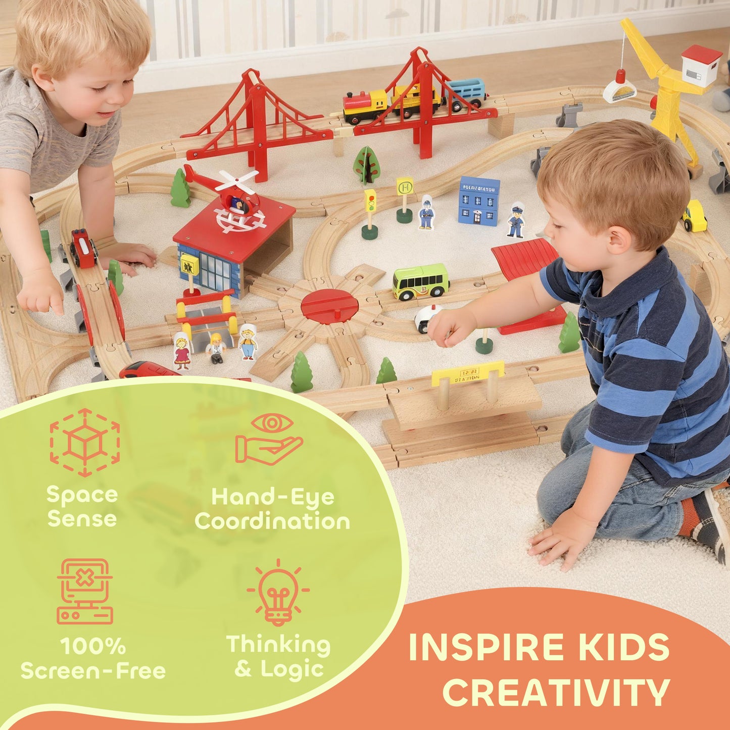 AIYAPLAY 133-Piece Wooden Train Set, Toy Train with Crane, Storage Box, for Kids Ages 3+