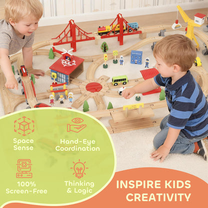 AIYAPLAY 133-Piece Wooden Train Set, Toy Train with Crane, Storage Box, for Kids Ages 3+