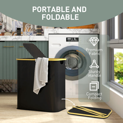 Double Laundry Basket With Lid, 80L Collapsible Laundry Hamper with Groove Handles, Washing Basket for Bathroom, Bedroom, Laundry Room, Black