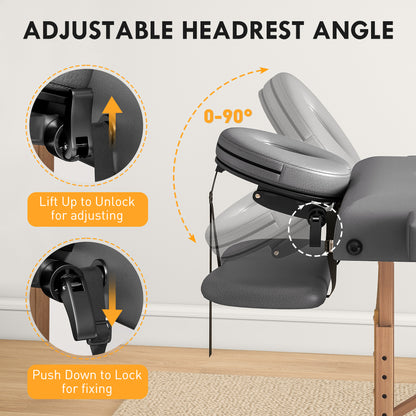Foldable Massage Table with Beech Wood Legs - Grey / Black