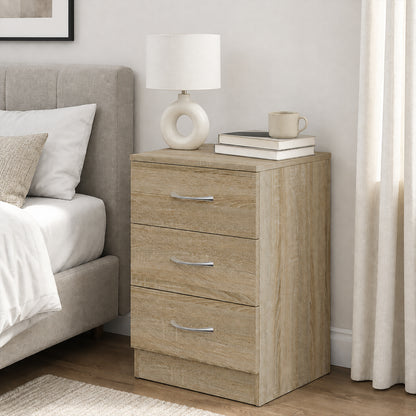 3-Drawer Bedside Table with Aluminium Handles & Wooden Glides | Oak Tone Melamine Finish | Non-Slip Pads | 40x35x58cm | 50kg Capacity | 10kg Per Drawer | Particleboard | Assembly Required