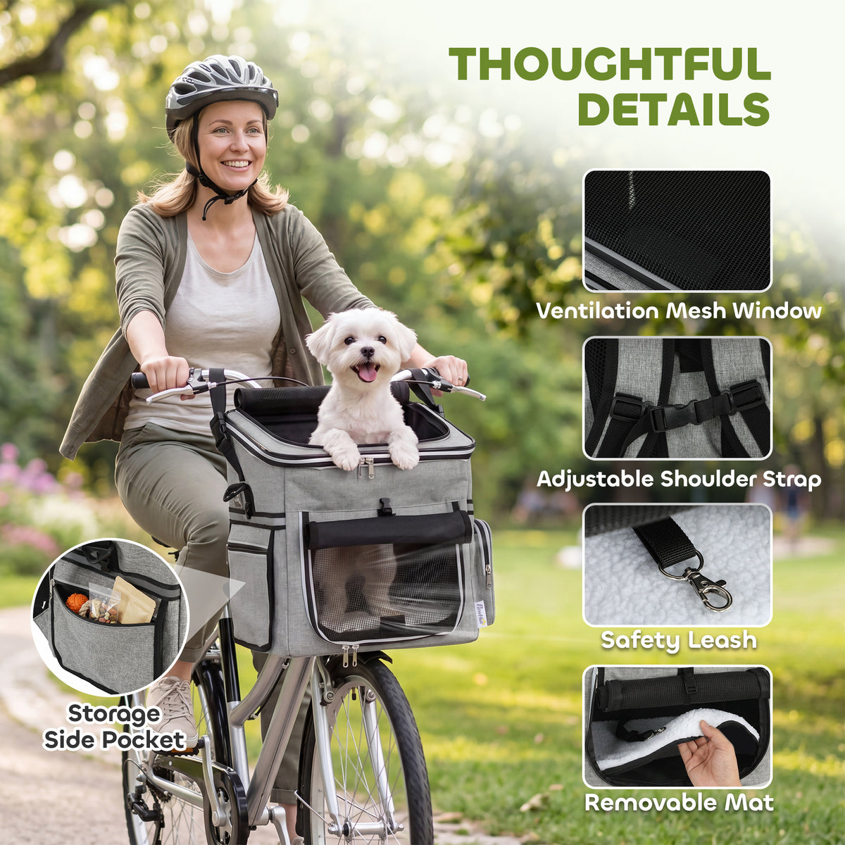 Dog Bike Basket Soft-Sided Pet Carrier | Security Leash | Mesh Doors & Windows | Plush Cushion | Roller Blind | Side Pockets | Includes Bowl | 5kg Capacity | 33x26x35cm | 300D Cloth | Light Grey