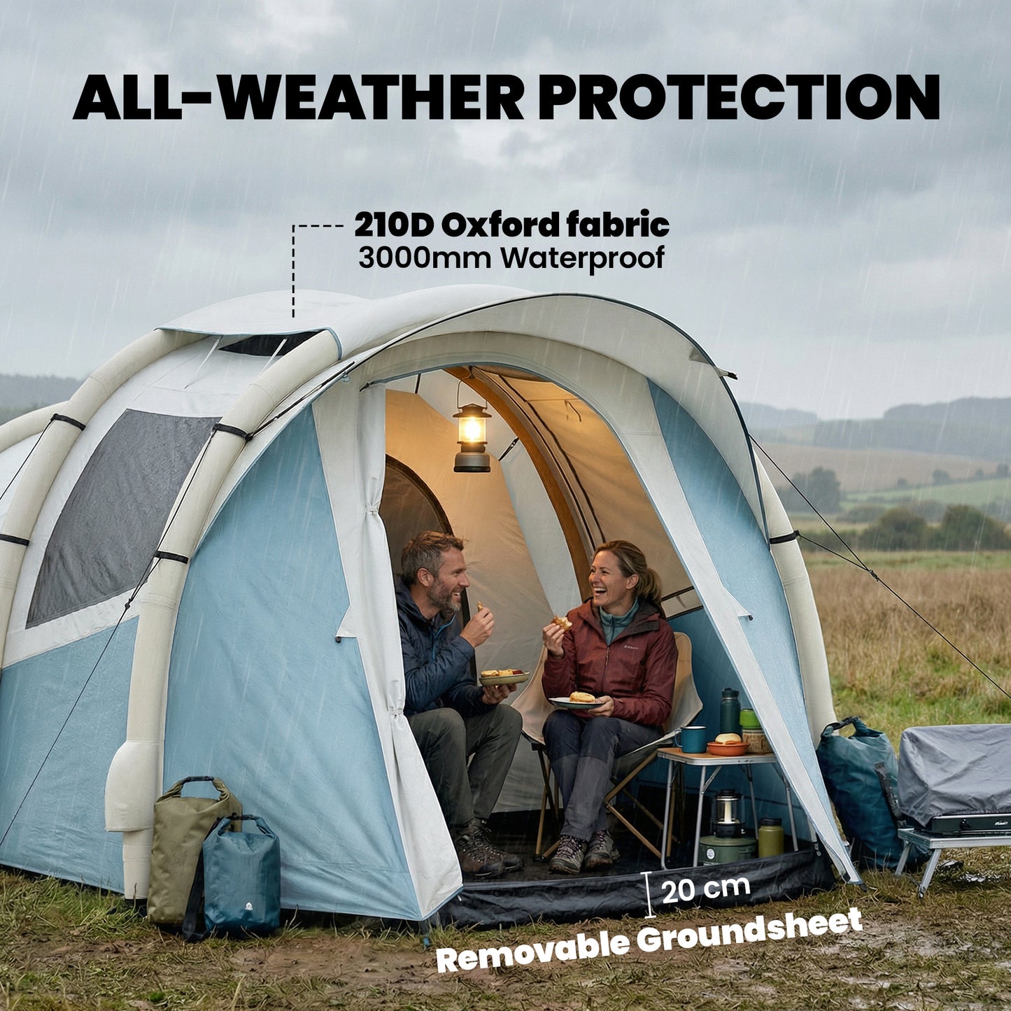 Inflatable Camping Tent | 2-3 Person | 5-Min Setup | 3000mm Waterproof | Level 4 Wind | 2-Room | Mesh Vents | Carry Bag | Light Blue