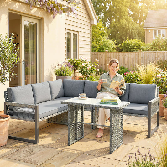 6 Seater Modular Rattan Corner Garden Furniture Set | 3 Loveseats & Dining Table | Tempered Glass | Galvanised Frame | Fade-Resistant Cushions | L-Shape or U-Shape | Grey