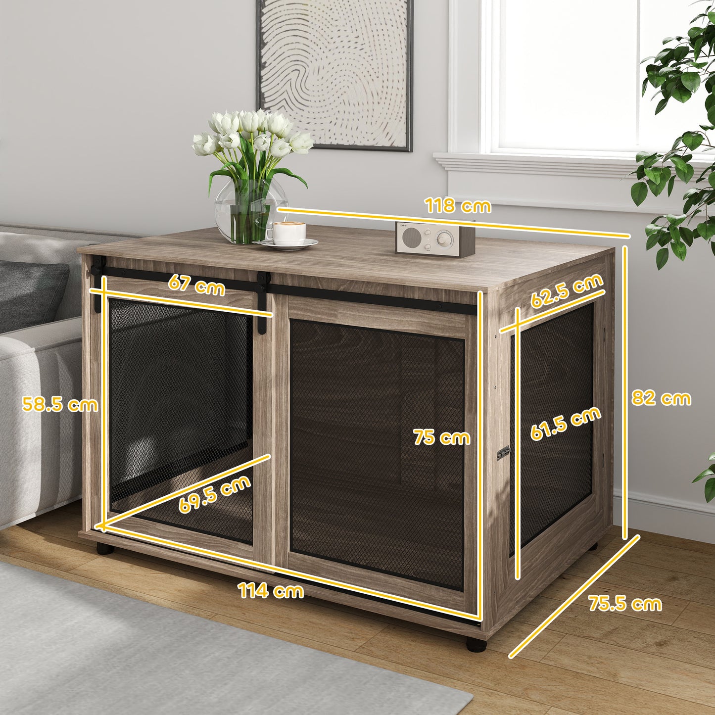 Dog Crate Furniture Side Table | Barn Door & Side Door | 3-Sided Ventilation | Extra Large Dogs up to 40kg | 118 x 75.5 x 82cm | Walnut Brown