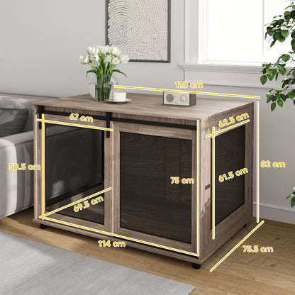 Dog Crate Furniture Side Table | Barn Door & Side Door | 3-Sided Ventilation | Extra Large Dogs up to 40kg | 118 x 75.5 x 82cm | Walnut Brown