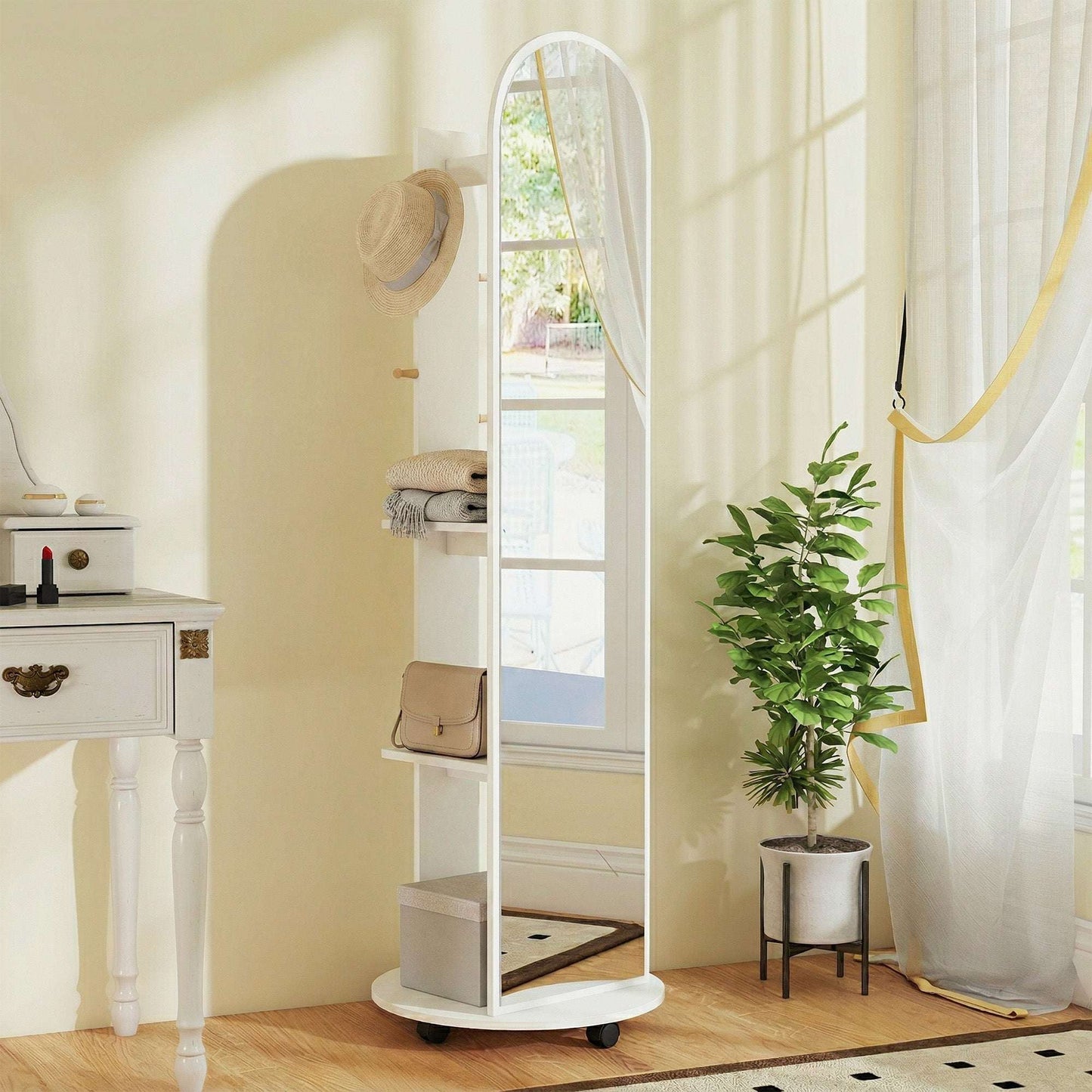2-in-1 Full-Length Floor Mirror with Hidden Back Storage Shelves | Coat Rack & Hooks | 4 Lockable Wheels | Shatter-Resistant Tempered Glass | 50x50x167cm | White