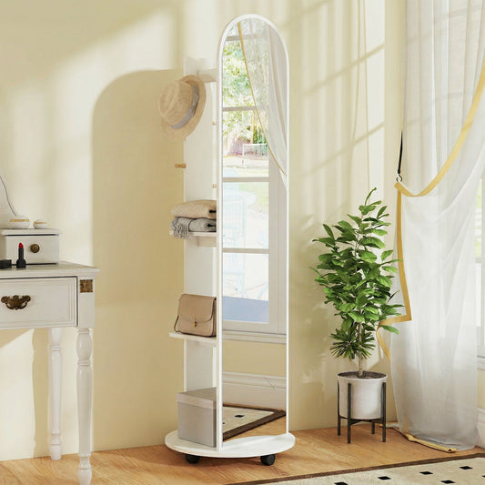 2-in-1 Full-Length Floor Mirror with Hidden Back Storage Shelves | Coat Rack & Hooks | 4 Lockable Wheels | Shatter-Resistant Tempered Glass | 50x50x167cm | White