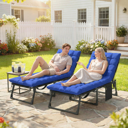 Set of 2 Folding Sun Loungers | 5-Position Recliner | Breathable Mesh Seat | Cushion & Headrest | Side Pocket | 190x68cm | 120kg | Blue
