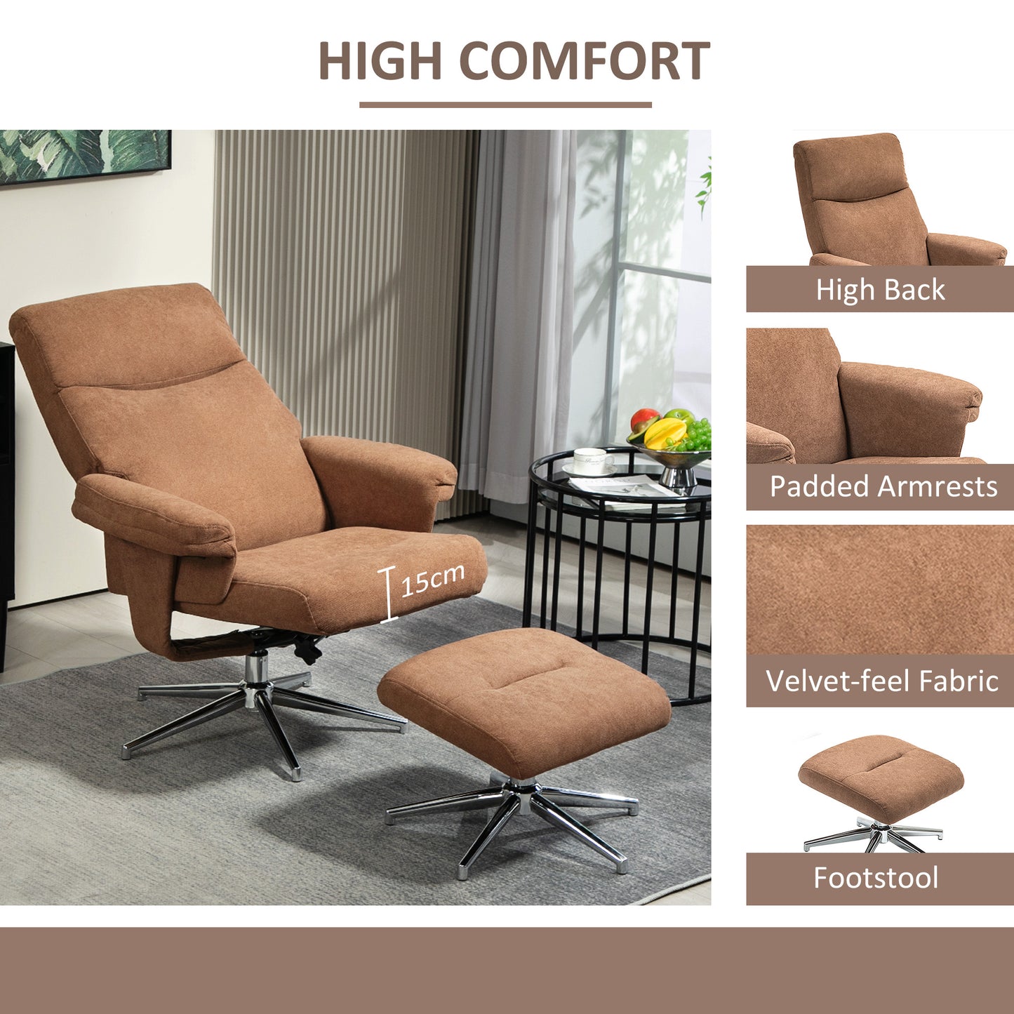 Recliner Chair with Footstool, Upholstered Velvet Fabric Armchair with Adjustable Back, Solid Wood Frame for Living Room