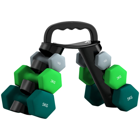 SPORTNOW Dumbbells Set W/ Carry Storage Rack, Set of 6 Weights for Home Gym Kettlebell Training Weight Lifting Exercise, 2 x 1kg, 2 x 3kg, 2 x 5kg