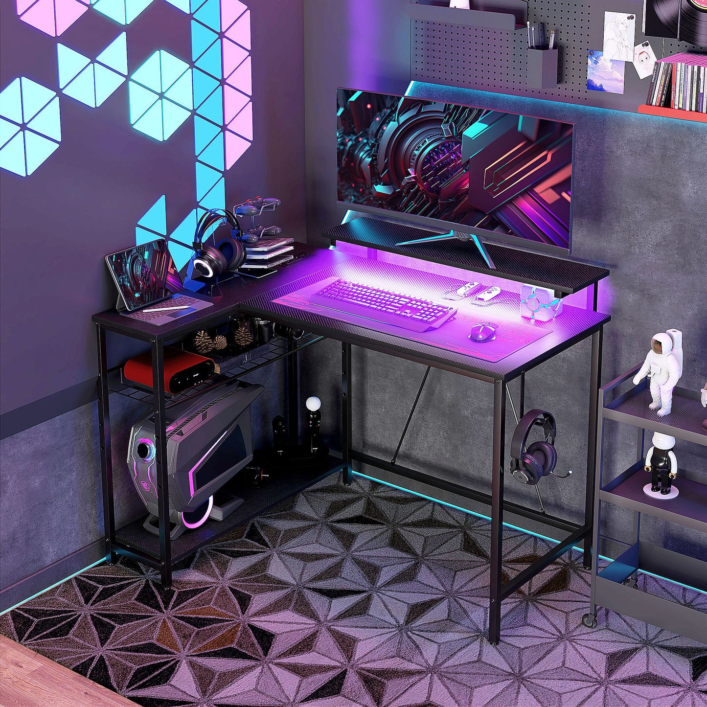 Reversible 'L' LED Light Gaming/Work Desk - Black