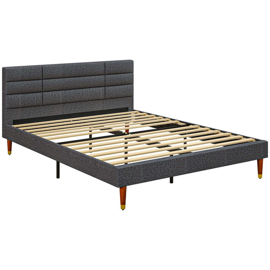 Upholstered King Bed Frame, With Slats - Grey