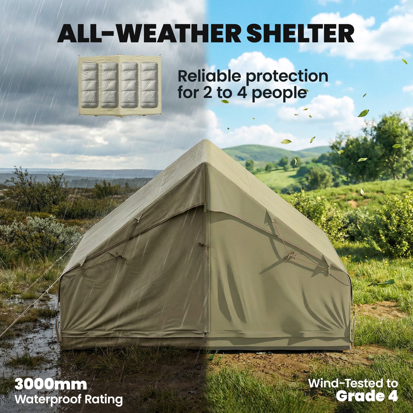Inflatable Camping Tent | 2-4 Person | 5-Min Setup | Waterproof Oxford | Level 4 Wind | 300x210x190cm | Army Green