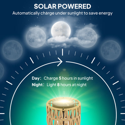 Boho Rattan Floor Lamp, 3-Lights Rattan Lamp with Shelf, Freestanding Solar Garden Light with Auto On/Off Lights, IP44 Waterproof for Porch, Pathway, Deck, Yellow