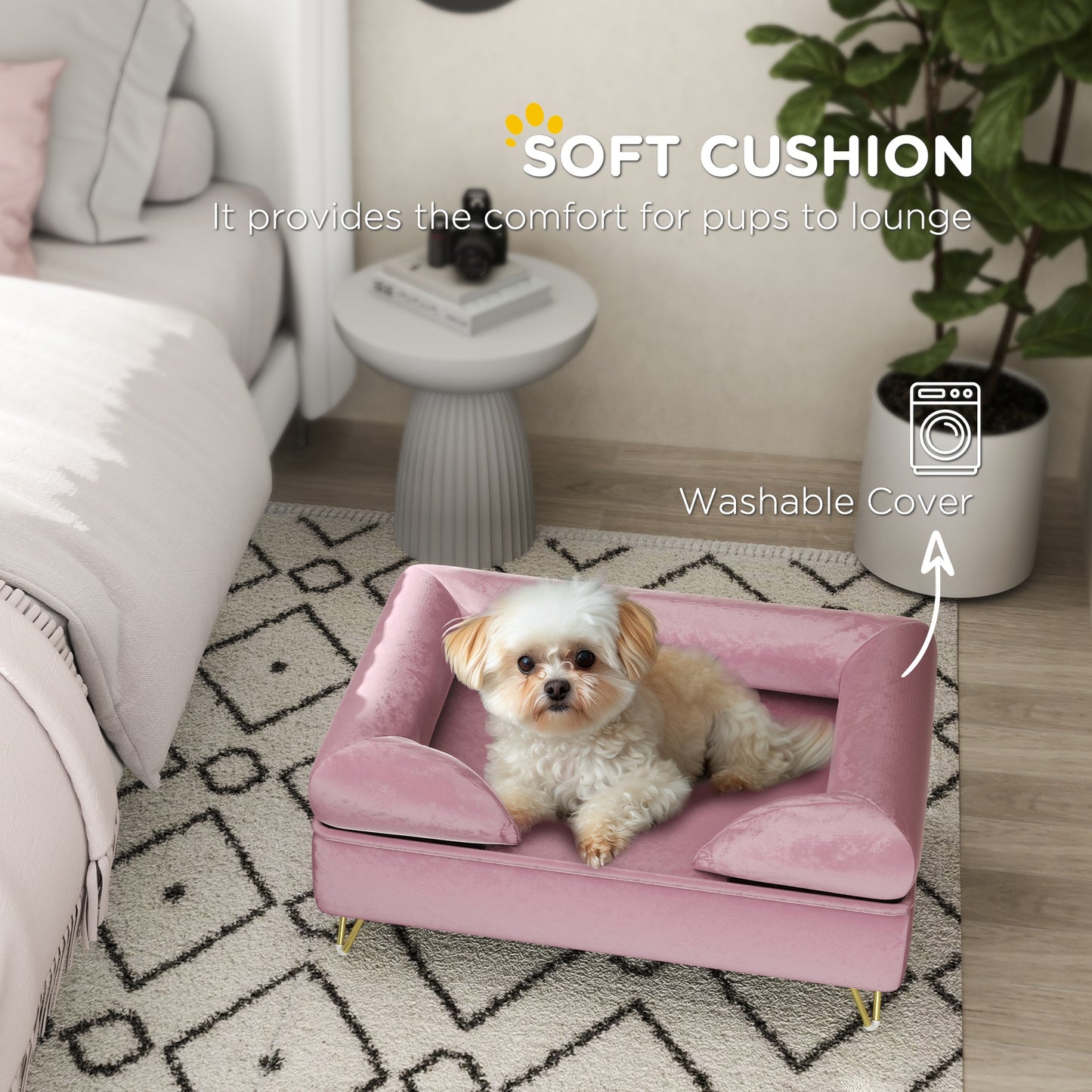 PawHut Cat Sofa Pet Couch With Removable Backrest, Soft Cushion, Washable Cover, for Small and Medium Sized Dogs, Pink