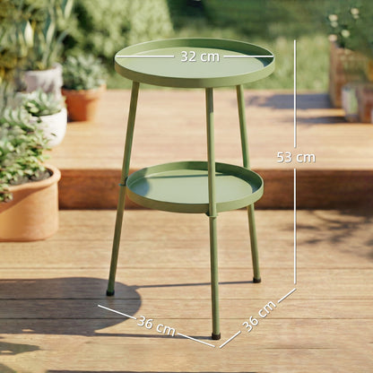 2 Tier Round Garden Bistro Side Table | 36x36x53cm | 32cm Top Tray | Tripod Base | Adjustable Feet | Powder Coated Metal | 20kg | Light Green