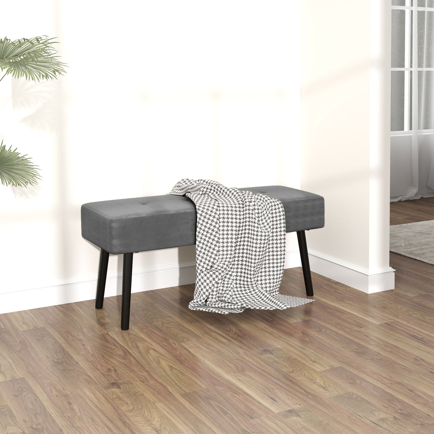 End of Bed Bench, Corduroy Bedroom Bench with Thick Padding and Steel Legs, Tufted Window Seat for Entryway, Living Room, Grey