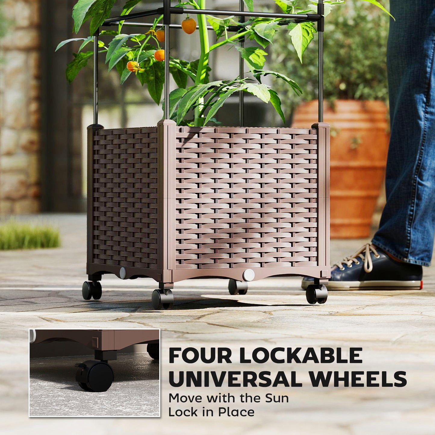 Raised Garden Bed with Adjustable Trellis & Tomato Cage | 4 Lockable Wheels | Bottom Water Tank | 4 Drainage Holes | 40L | Weather-Resistant PP | 40x40x182cm | 20kg | Brown