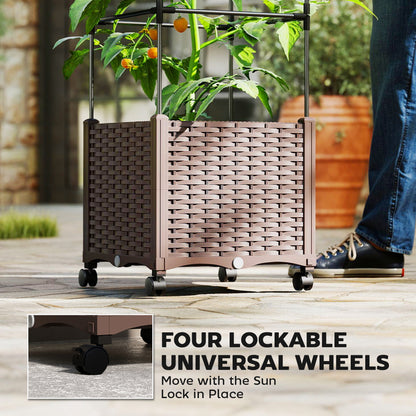 Raised Garden Bed with Adjustable Trellis & Tomato Cage | 4 Lockable Wheels | Bottom Water Tank | 4 Drainage Holes | 40L | Weather-Resistant PP | 40x40x182cm | 20kg | Brown