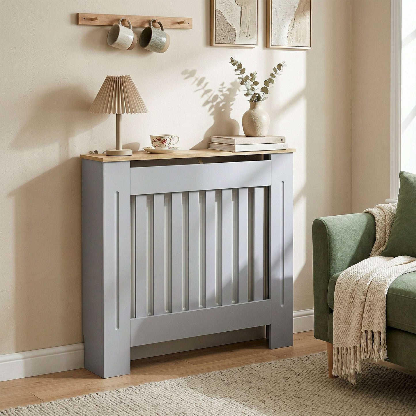 MDF Radiator Cover | Slatted Line Grill Design | Display Top | Wall Mountable | Fittings Included | Lightweight 7kg | 78x19x81cm | Grey