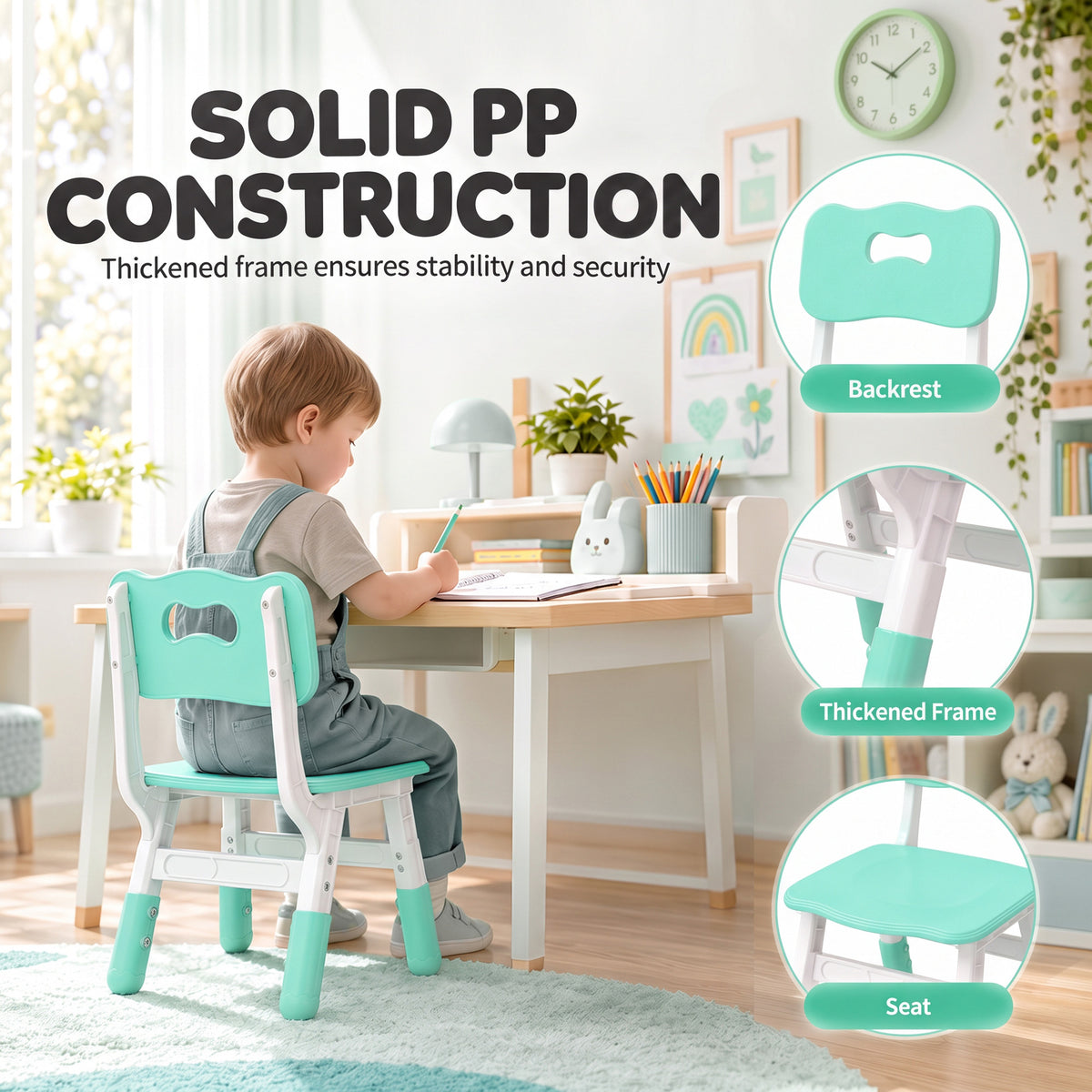 AIYAPLAY Kids Desk Chairs Set of 2 | Green & White | 3-Level Adjustable Seat Height 26–30cm | Backrests & PP Construction | Ages 18 Months–8 Years