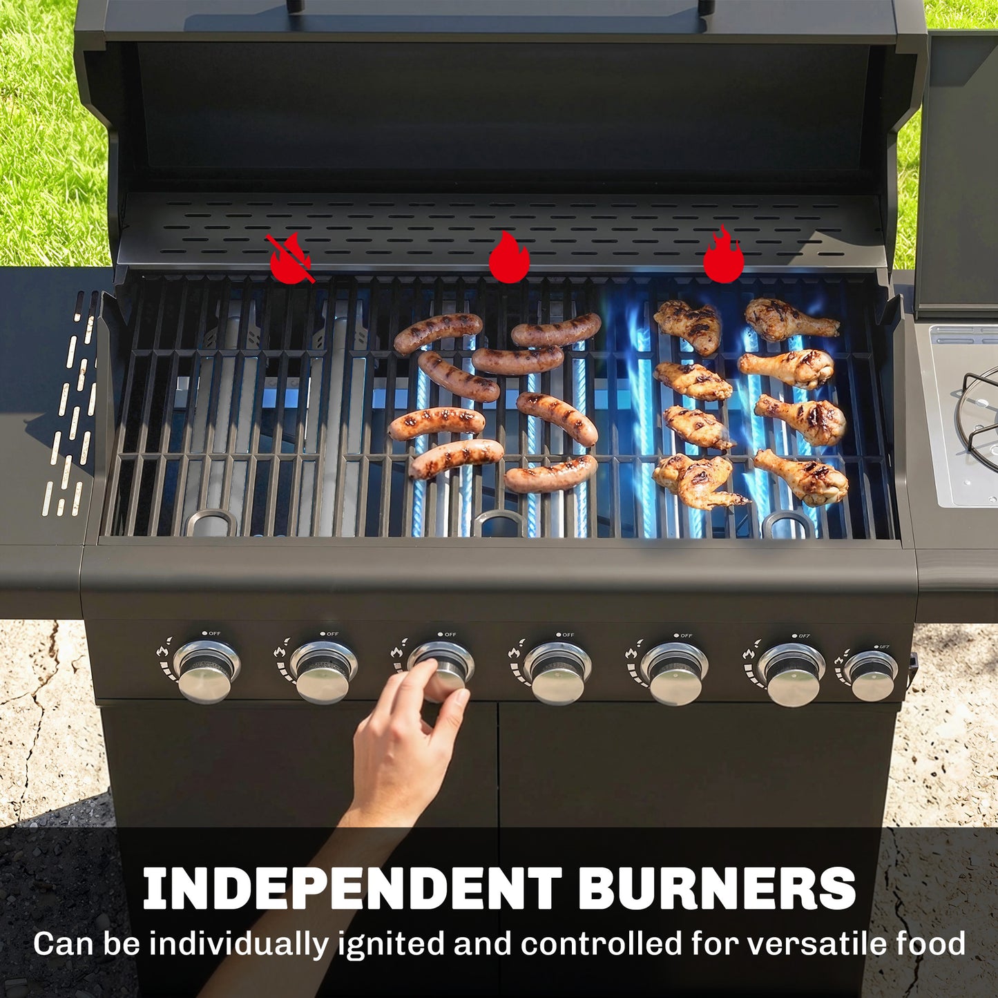 6+1 Burner Gas BBQ Grill | 3200cm² | 8-12 People | Side Burner | Warming Rack | Thermometer & Glass Window | Cabinet | Wheels | LPG | 146cm | Black