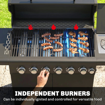 6+1 Burner Gas BBQ Grill | 3200cm² | 8-12 People | Side Burner | Warming Rack | Thermometer & Glass Window | Cabinet | Wheels | LPG | 146cm | Black