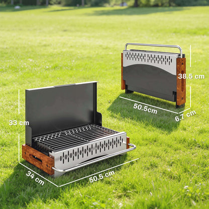 Outsunny Portable Folding Charcoal BBQ Grill – Briefcase Design, 6.7cm Slim, 0.08m² Chrome Grate, Removable Enamel Basin, For Camping, Picnic & Garden, Black