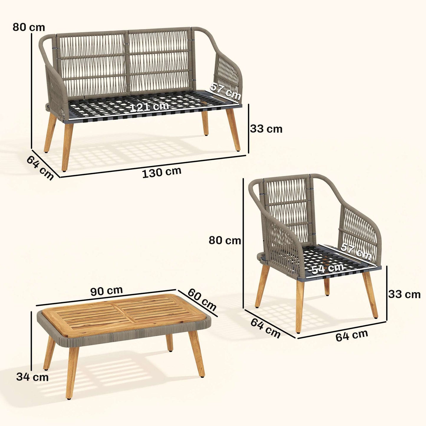 Outsunny 4 Piece Rattan Garden Furniture Set with Loveseat, Armchairs, Wood Table, Wicker Patio Conversation Set, Cream White