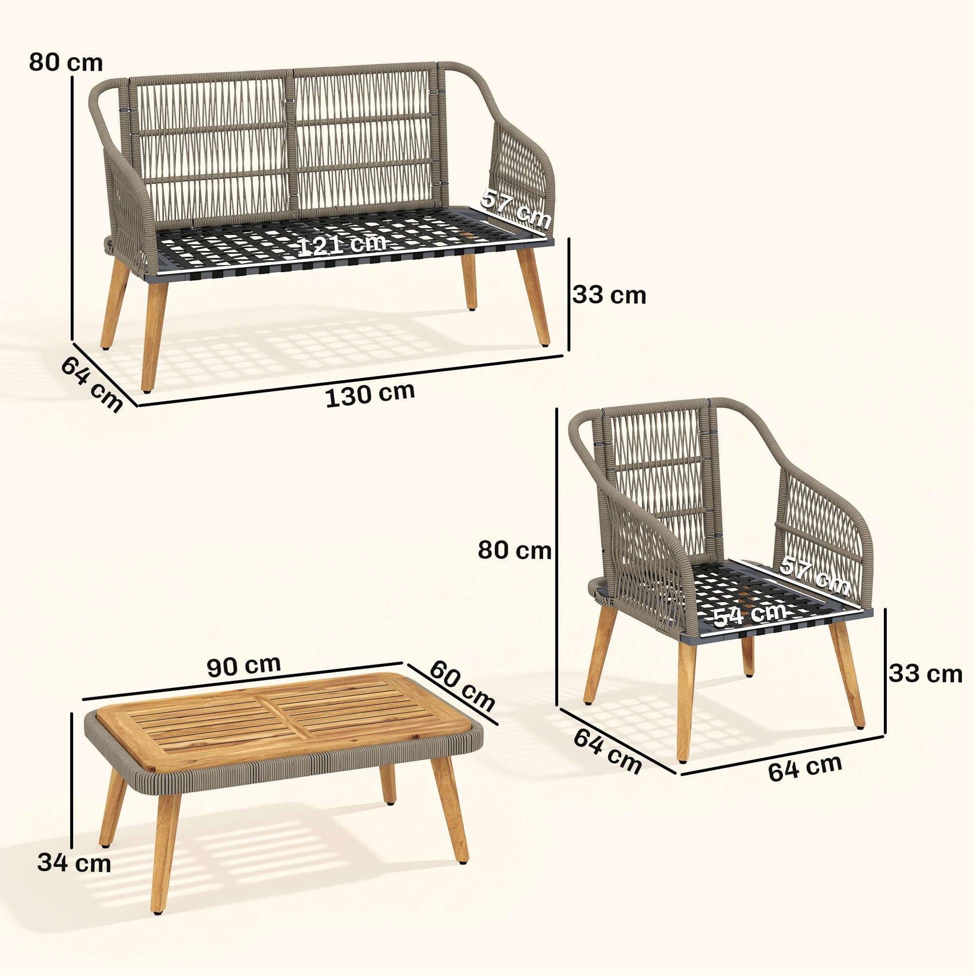 Outsunny 4 Piece Rattan Garden Furniture Set with Loveseat, Armchairs, Wood Table, Wicker Patio Conversation Set, Cream White