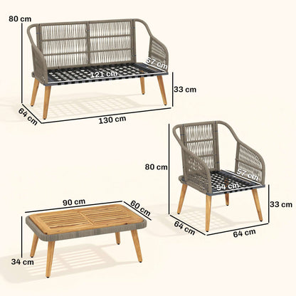 Outsunny 4 Piece Rattan Garden Furniture Set with Loveseat, Armchairs, Wood Table, Wicker Patio Conversation Set, Cream White
