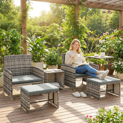 6-Piece Space-Saving PE Rattan Garden Furniture Set | 2 Armchairs | 2 Footstools | 2 Nesting Tables | UV-Resistant Rattan | Powder-Coated Steel | 5cm Zip Cushions | Fixing Straps | 120kg Capacity | Grey