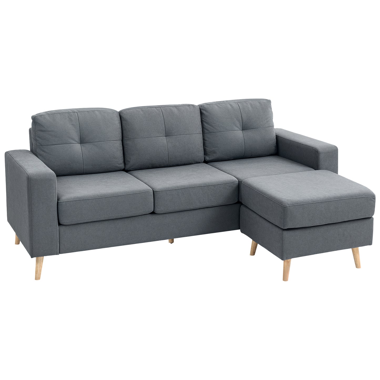 3 Seater Sofa with Footstool, Fabric L-Shaped Sofa, Sectional Couch with Wood Legs, Tufting Cushioned Back for Small Space, Living Room, Office,