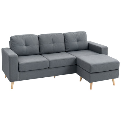 3 Seater Sofa with Footstool, Fabric L-Shaped Sofa, Sectional Couch with Wood Legs, Tufting Cushioned Back for Small Space, Living Room, Office,