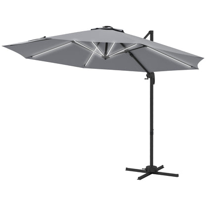 Outsunny 3(m) Adjustable Cantilever Parasol with Base, Solar LED Lights, Light Grey
