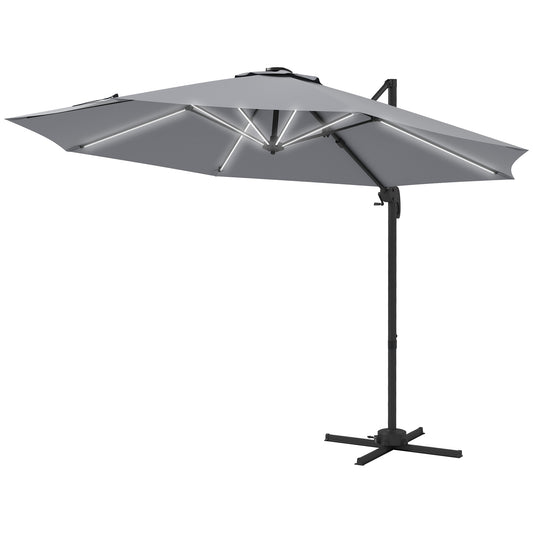 Outsunny 3(m) Adjustable Cantilever Parasol with Base, Solar LED Lights, Light Grey