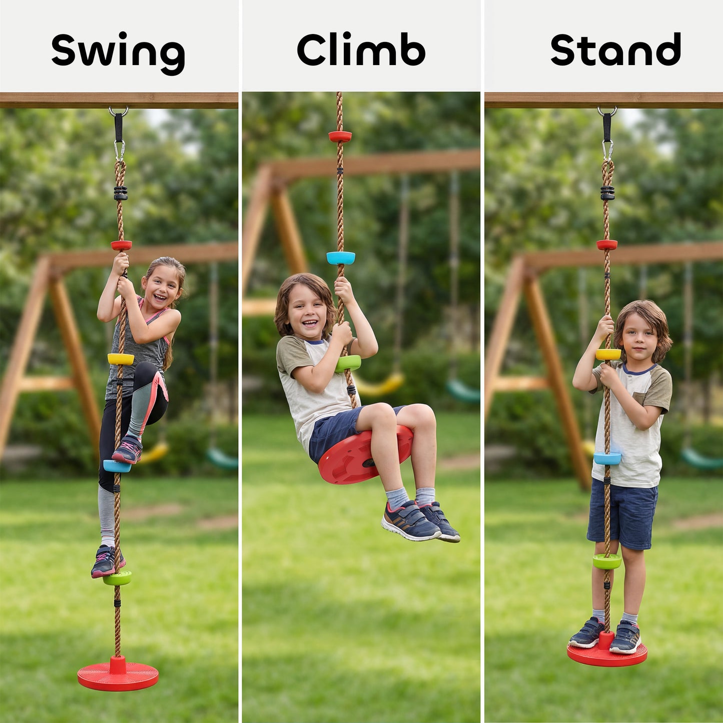 Kids Tree Climbing Rope & Disc Swing Kit – 190cm Rope, 4 Footrests, Disc Swing, Tree Strap & Carabiner, 50kg, EN71 Tested, Ages 3–8 – Red