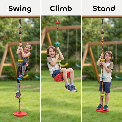 Kids Tree Climbing Rope & Disc Swing Kit – 190cm Rope, 4 Footrests, Disc Swing, Tree Strap & Carabiner, 50kg, EN71 Tested, Ages 3–8 – Red