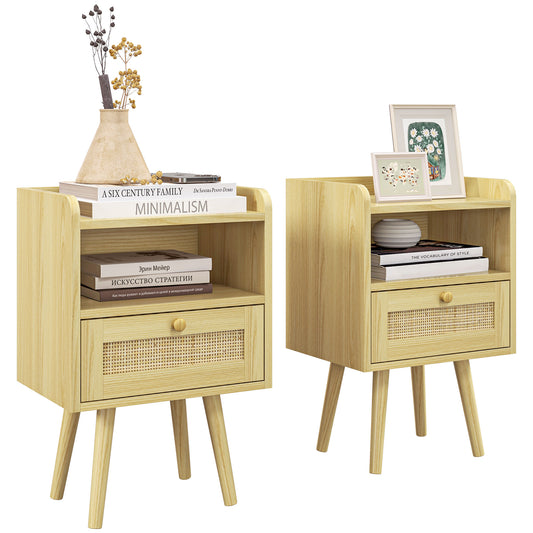 Bedside Table Set of 2, Boho Nightstand with Drawer, Storage Compartment, Natural Wood Finish