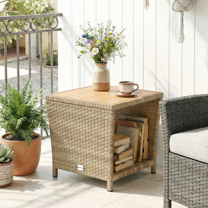 2-Tier Outdoor Rattan Side Table | PS Wood-Plastic Slat Top | PE Wicker | Powder-Coated Frame | UV-Resistant | 50kg | 45x45x43cm | Khaki