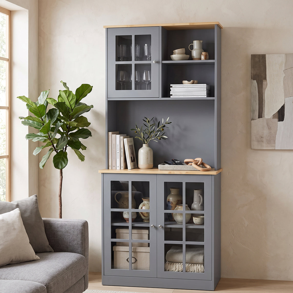 Kitchen Pantry Storage Cabinet | Grey & Oak Buffet Hutch with 3 Cabinets, Adjustable Shelf, 2 Open Shelves & Countertop | 80 x 37 x 183 cm