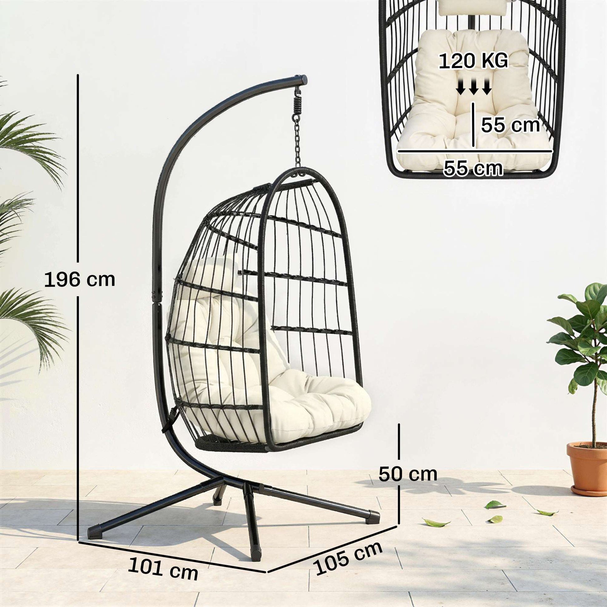 Hanging Egg Chair with Stand | 15cm Thick Cushion & Headrest | Adjustable Chain | Safety Strap | Foldable Basket | PE Rattan | 120kg | Indoor & Outdoor | Black & Cream White