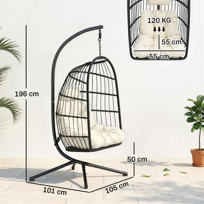 Hanging Egg Chair with Stand | 15cm Thick Cushion & Headrest | Adjustable Chain | Safety Strap | Foldable Basket | PE Rattan | 120kg | Indoor & Outdoor | Black & Cream White