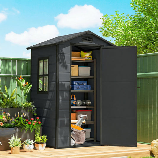 Compact PP & Aluminium Garden Storage Shed with Floor | Apex Roof | Latch Lock & Keys | Side Window | Vent | UV-Resistant | 40kg/m² Snow Rating | 128x104x196cm | Dark Grey & Black