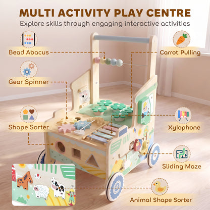 Wooden Baby Walker | Multifunction Activity Centre with Shape & Colour Learning, Toy Storage & Push-Along Support | 1-3 Years | Green & Natural