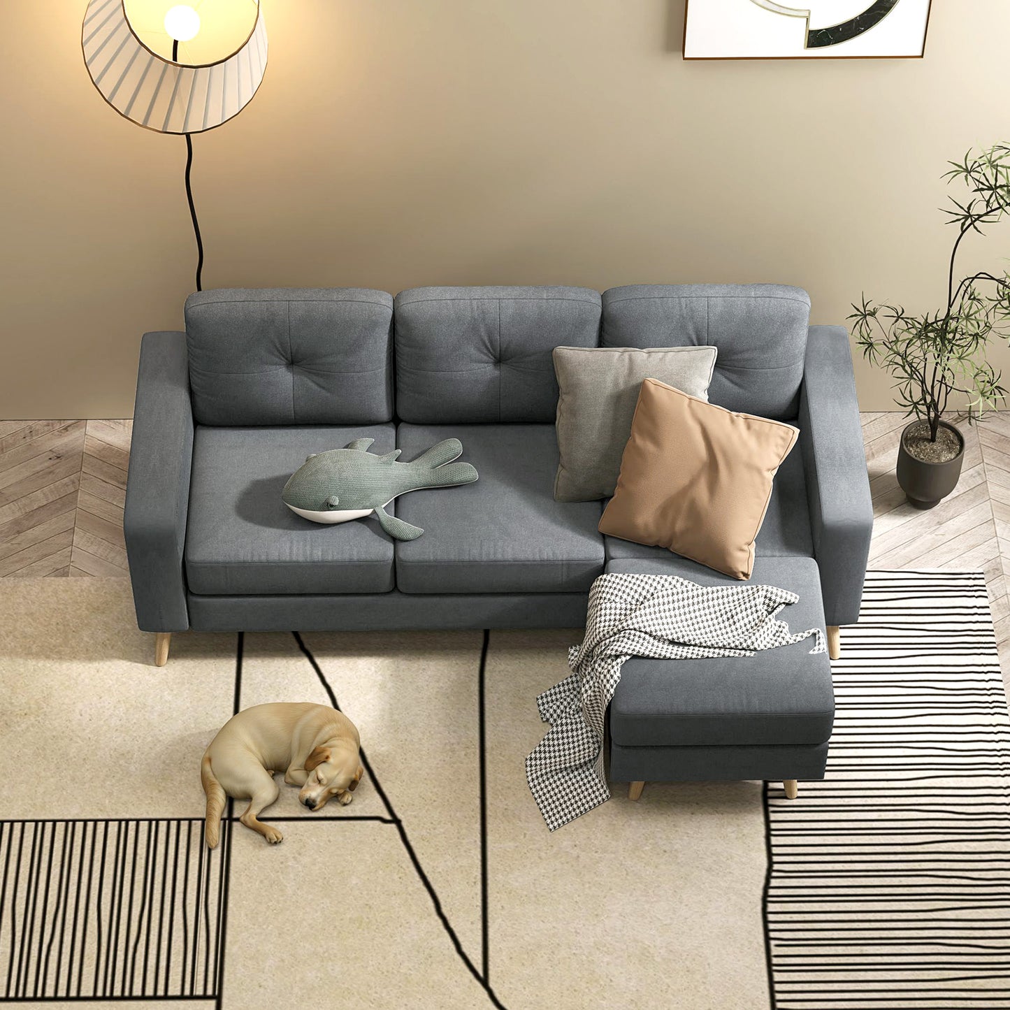 3 Seater Sofa with Footstool, Fabric L-Shaped Sofa, Sectional Couch with Wood Legs, Tufting Cushioned Back for Small Space, Living Room, Office,