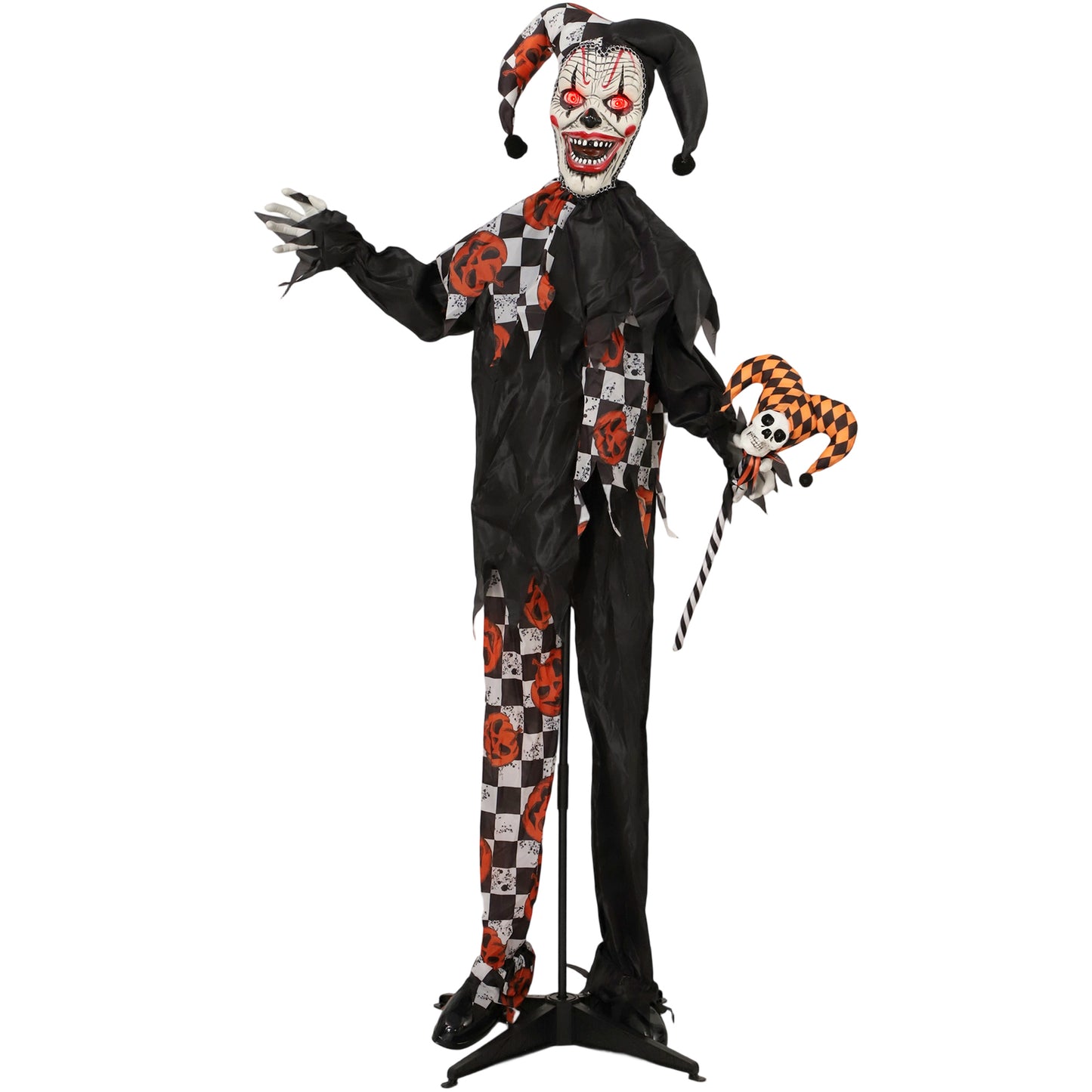 183 cm Life Size Halloween Animated Clown & Skull Staff with Red Light Up Eyes, Sound Activated Moving Arms & Head, Scary Clown Halloween Decorations, Battery Operated, Indoor Party Props
